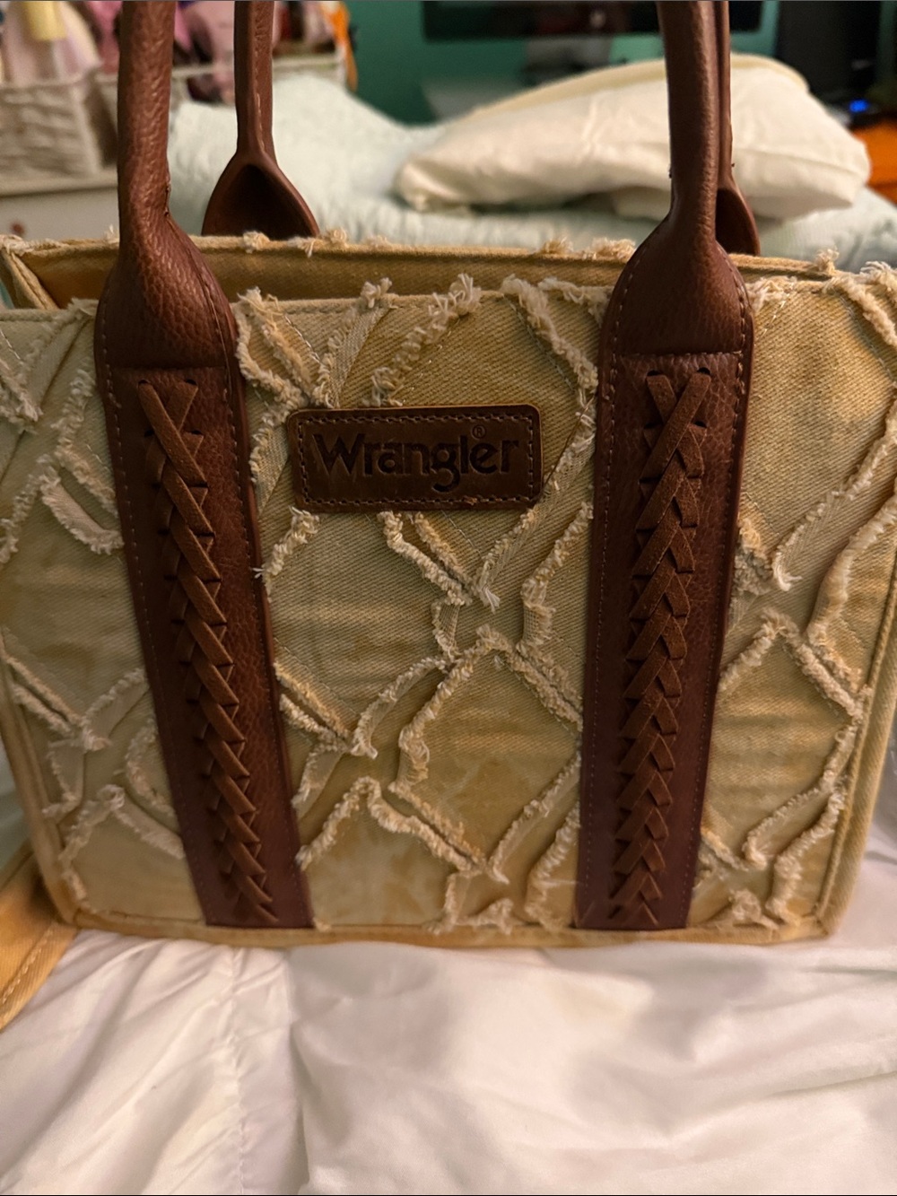 Wrangler Beige Canvas Tote with Brown Trim and Braided Handles - Picture 2 of 14